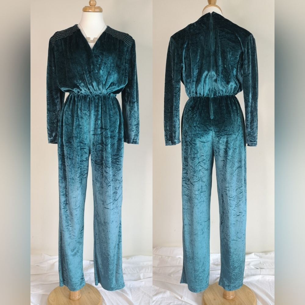 70s Crushed Velvet Teal Romper
